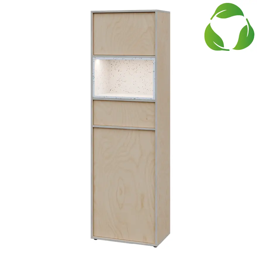 EFE V641 L kancelářská skříň, 1-dveřová/zásuvka/nika/výklop, 2000x600x400, levá, překližka bříza/upcyklovaný plast